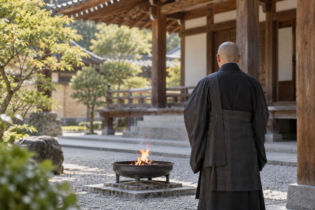 寺院の境内で、鉄の火鉢に焚かれた小さな火の前に立つ僧侶の後ろ姿