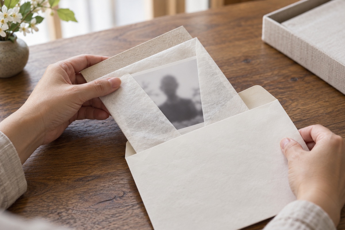 額から外した白黒写真を和紙で包み、白い封筒に入れる手元