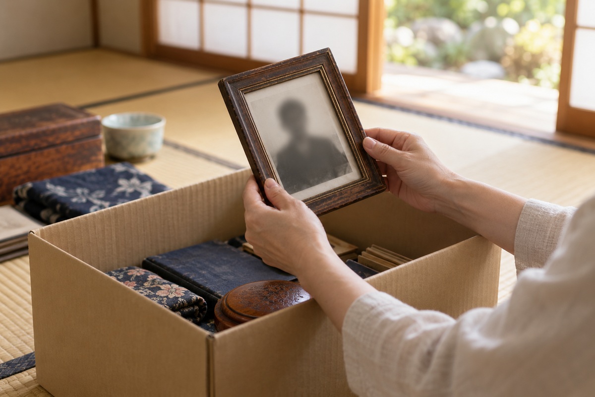 畳の部屋で、段ボール箱の中から古い額入りの写真を取り出す手元