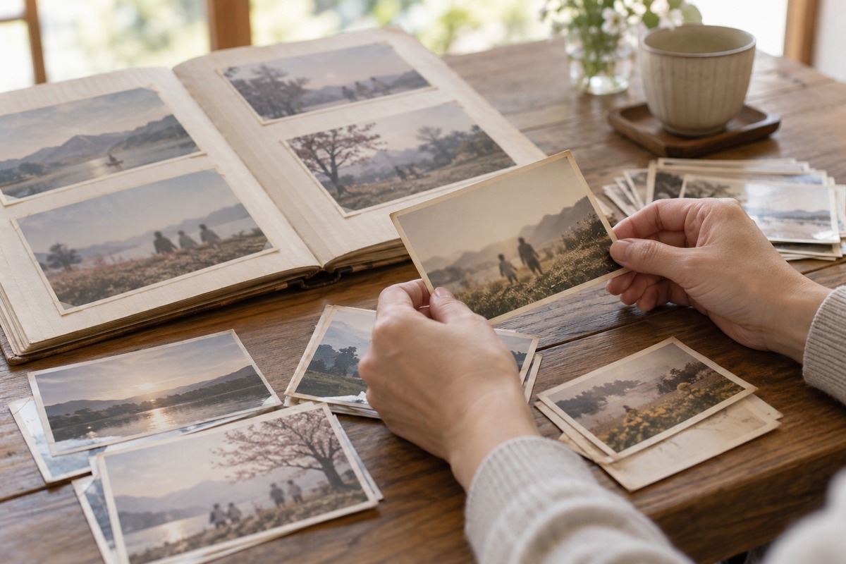 開いたアルバムと机に広げたスナップ写真を、手に取って選り分ける様子