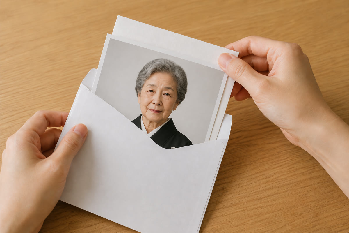額縁から外した写真を封筒に入れる様子